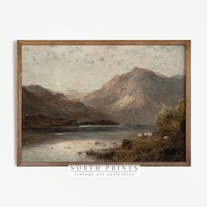 Vintage Lake Landscape Painting | Scotland Highland Mountain Sheep Print PRINTABLE #561