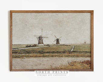 オランダの風車の風景画｜ヴィンテージオランダの田園風景油絵（印刷