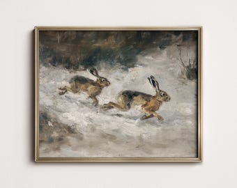 Vintage Hare Winter Painting, Rustic Snowy Landscape Artwork PRINTABLE Digital PRINTABLE Download W1-78