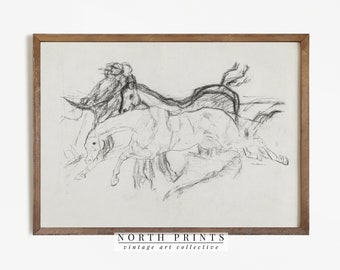 Minimalist Vintage Drawing | Horse Race Sketch Print | Neutral PRINTABLE Wall Art | 919