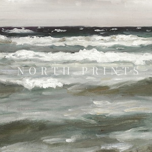 May include: A painting of a seascape with white foamy waves crashing on the ocean surface. The water is a mix of green and blue hues, with a dark blue horizon line in the distance. The sky is a light gray color.