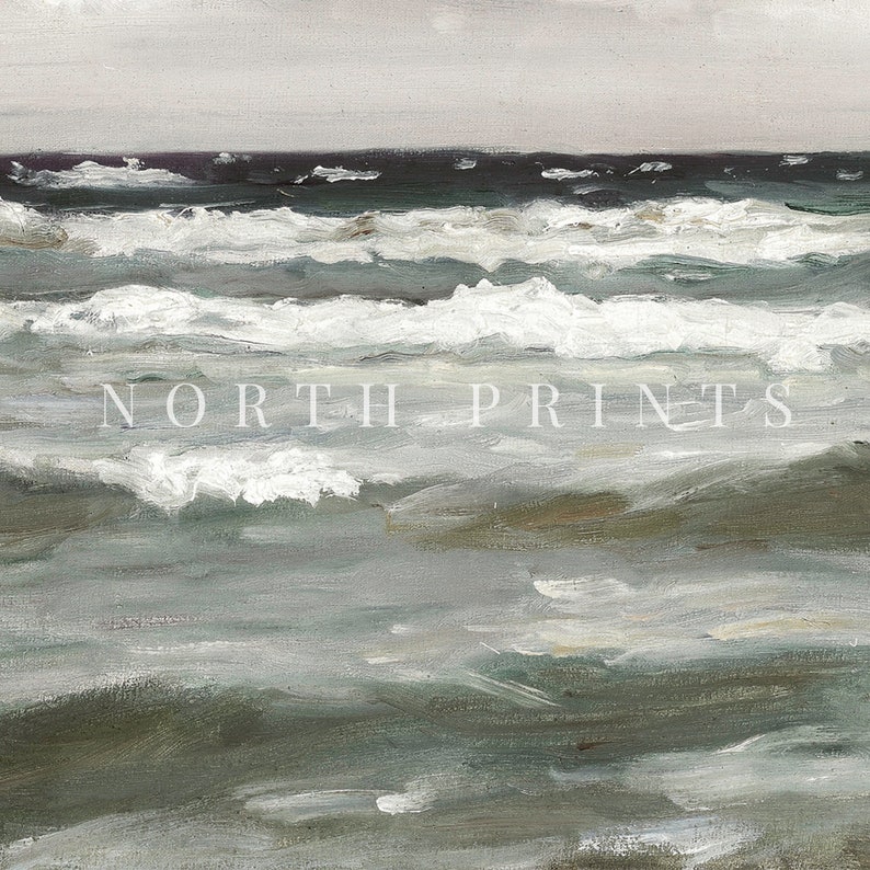 May include: A painting of a seascape with white foamy waves crashing on the ocean surface. The water is a mix of green and blue hues, with a dark blue horizon line in the distance. The sky is a light gray color.