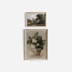 Vintage Country Cottage Wall Art SET of Two | Summer Landscape Painting Roses Still Life | PRINTABLE Digital | S2-78