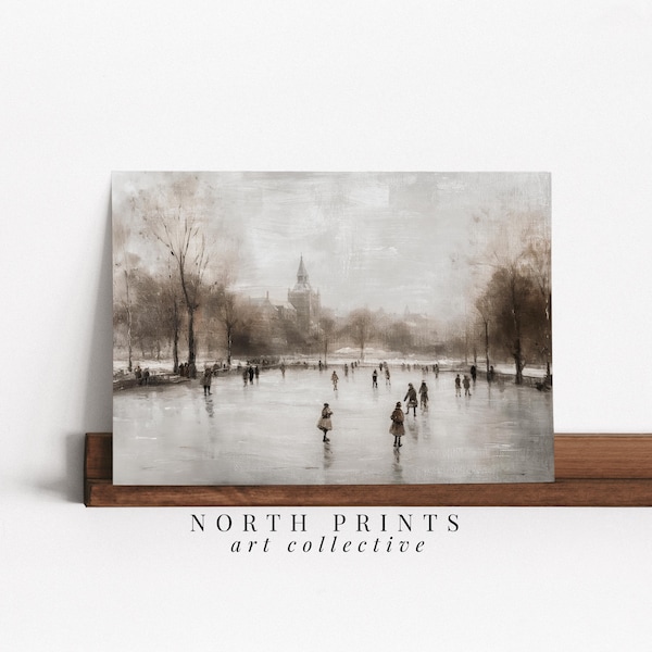 Peinture hivernale de patinoire : décoration de Noël de ferme rustique (téléchargement numérique) W-129