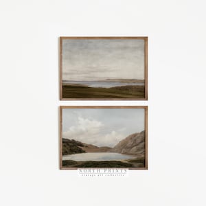 May include: Two framed landscape prints. The top print depicts a serene coastal scene with a muted color palette of greens, browns, and blues. The bottom print shows a lake surrounded by mountains. The frames are a warm brown color. The text "NORTH PRINTS vintage art collective" is at the bottom.