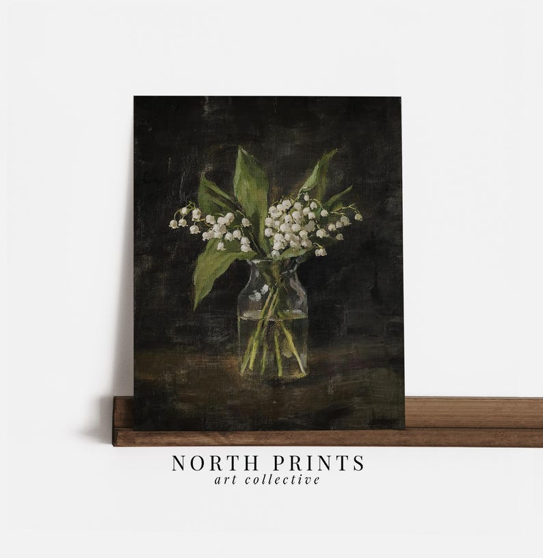 May include: A painting of a bouquet of white lily of the valley flowers in a clear glass vase on a dark background.