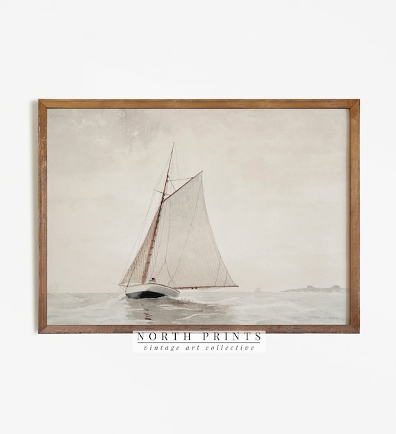 Muted Sailboat Watercolor Print: Neutral Lake House Decor (Digital Printable) 3-125