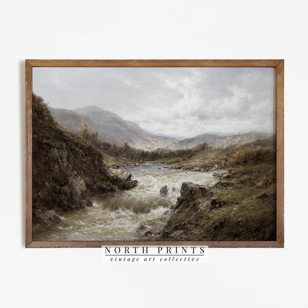 Peinture rustique de paysage de rivière | vintage Montagnes | Impression numérique pour salle de bain IMPRIMABLE #565