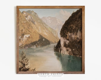 Vintage Lake House Painting | Square Landscape Art | Mountain Nature PRINTABLE | 679