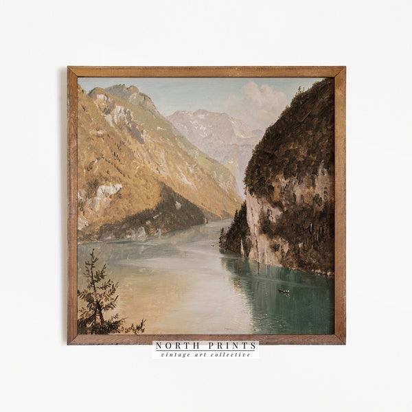 Vintage Lake House Painting | Square Landscape Art | Mountain Nature PRINTABLE | 679