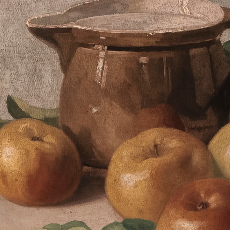 May include: Still life painting of a brown ceramic pitcher and four apples. Two of the apples are yellow and two are red. The pitcher is sitting on a table with the apples in front of it.