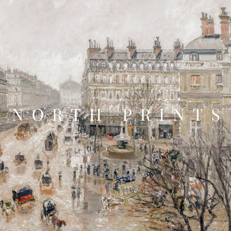 May include: An impressionistic painting of a city street scene, featuring buildings, horse-drawn carriages, and pedestrians. The artwork is dominated by muted tones of grey, brown, and beige, with the text "NORTH PRINTS" across the image.