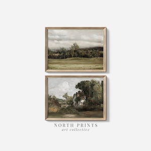 Puede incluir: Dos pinturas de paisajes enmarcadas. La pintura superior muestra un campo verde con &aacute;rboles y un cielo nublado. La pintura inferior muestra una casa con &aacute;rboles y un cielo nublado.