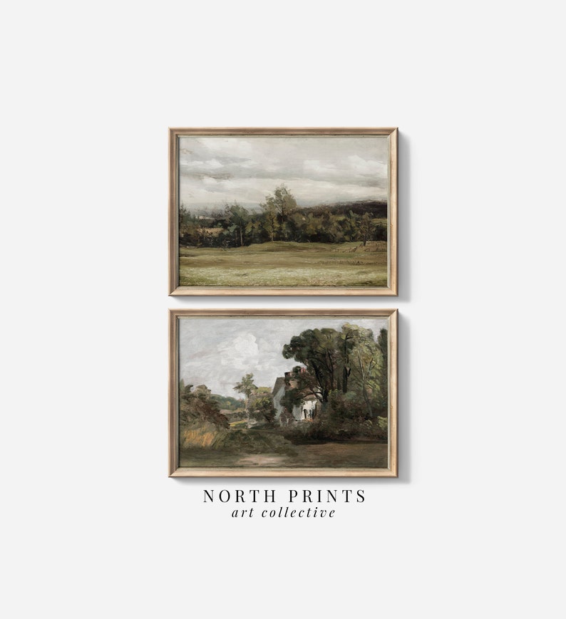 Puede incluir: Dos pinturas de paisajes enmarcadas. La pintura superior muestra un campo verde con &aacute;rboles y un cielo nublado. La pintura inferior muestra una casa con &aacute;rboles y un cielo nublado.