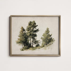 Può includere: Una stampa artistica incorniciata con un acquerello di diversi alberi sempreverdi. Gli alberi sono resi in tonalità di verde e marrone su uno sfondo neutro. La cornice è di colore oro sottile.