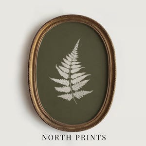 Puede incluir: Una impresión enmarcada ovalada con un diseño de helecho blanco sobre un fondo verde oliva oscuro. El marco es dorado con un diseño ornamentado. El texto "NORTH PRINTS" está en la parte inferior de la imagen.