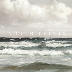 May include: A painting of a seascape with a cloudy sky and choppy waves. The water is a dark blue-green color, and the clouds are white and gray. The painting is done in a loose, impressionistic style.