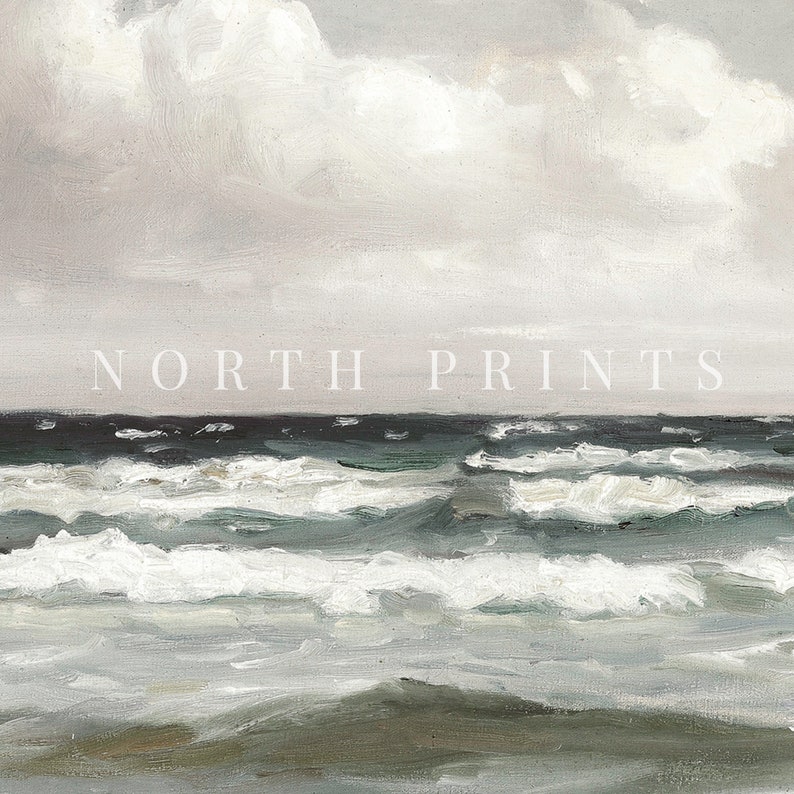 May include: A painting of a seascape with a cloudy sky and choppy waves. The water is a dark blue-green color, and the clouds are white and gray. The painting is done in a loose, impressionistic style.