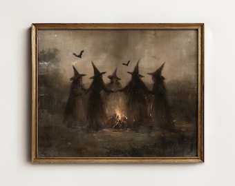 Vintage Witch Coven Art, Moody Gothic Halloween Wall Decor, Dark Cottagecore Painting, Printable Digital Art Download North Prints A2-13