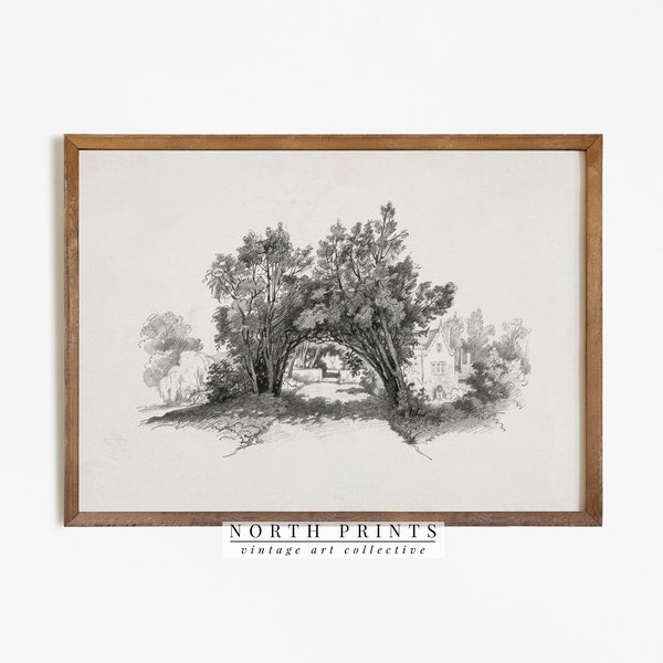 Vintage Cottage Wanddekor | Antike Landschaft Skizze Digital DRUCKBAR | 824