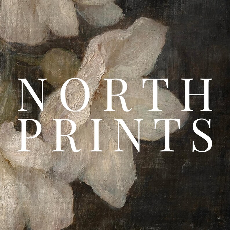 May include: A close-up of a floral painting with white flowers. The text "NORTH PRINTS" is superimposed on the image.