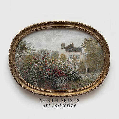 Vintage Cottage Rose Garden Painting: Country Landscape Art (Printable Digital Download ) 4-109