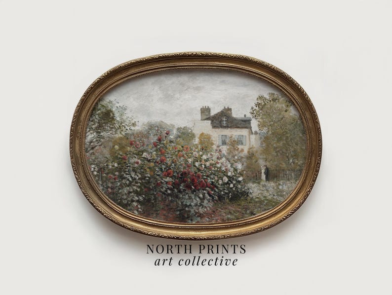 Pintura vintage de un jardín de rosas estilo cabaña: Arte de paisaje campestre (Descarga digital imprimible) 4-109 imagen 1