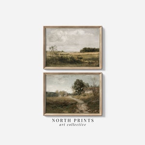 Puede incluir: Dos pinturas de paisajes enmarcadas. La pintura superior muestra un campo con &aacute;rboles y un cielo nublado. La pintura inferior muestra un camino que conduce a trav&eacute;s de un campo con &aacute;rboles y una casa en la distancia.