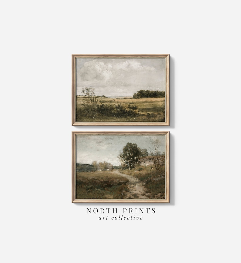 Puede incluir: Dos pinturas de paisajes enmarcadas. La pintura superior muestra un campo con &aacute;rboles y un cielo nublado. La pintura inferior muestra un camino que conduce a trav&eacute;s de un campo con &aacute;rboles y una casa en la distancia.