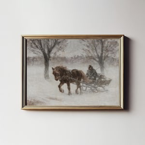 Country Winter Sleigh Ride Painting | Vintage Holiday Farmhouse Wall Art PRINTABLE Digital Downloadable | W-111