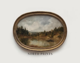 Moody Woodland Fall Lake Wall Art, Vintage Autumn Landscape Painting, Rustic PRINTABLE Digital Art Download 13-129