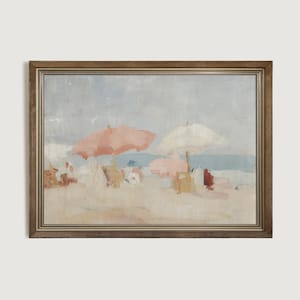 Puede incluir: Pintura enmarcada de una escena de playa. La obra representa una playa de arena con varios parasoles en tonos rosa y blanco. Hay figuras dispersas por la playa, con el oc&eacute;ano y el cielo al fondo. El marco es de color marr&oacute;n c&aacute;lido.