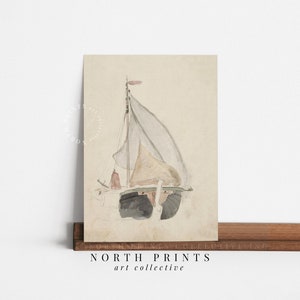Puede incluir: Una pintura de acuarela de un velero con una vela blanca y una bandera roja. El velero est&aacute; pintado en tonos grises y marrones, y el fondo es beige claro.
