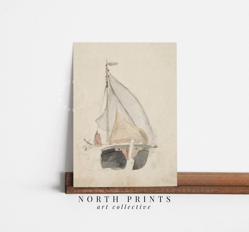 Puede incluir: Una pintura de acuarela de un velero con una vela blanca y una bandera roja. El velero est&aacute; pintado en tonos grises y marrones, y el fondo es beige claro.