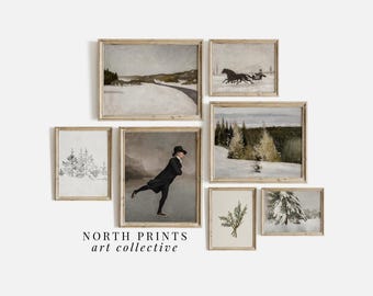May include: A collection of framed winter-themed prints, including a man ice skating, a horse-drawn carriage, and a snowy forest scene. The prints are arranged in a gallery wall style and feature a neutral color palette of white, gray, and brown. The text "NORTH PRINTS art collective" is displayed below the prints.