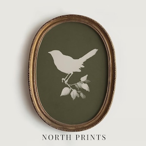May include: An oval framed print featuring a cream-colored bird perched on a branch with leaves, set against a dark olive-green background. The frame is gold-colored with ornate detailing. The text "NORTH PRINTS" is at the bottom.
