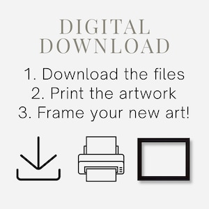 Puede incluir: Instrucciones de descarga digital con iconos para descargar, imprimir y enmarcar ilustraciones. El texto dice: "DESCARGA DIGITAL 1. Descarga los archivos 2. Imprime la obra de arte 3. Enmarca tu nueva obra de arte!"