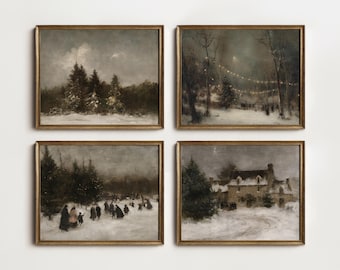 Vintage Winter Gallery Wall Art Set, Snowy Woodland Village Prints, Digital Download WS-29