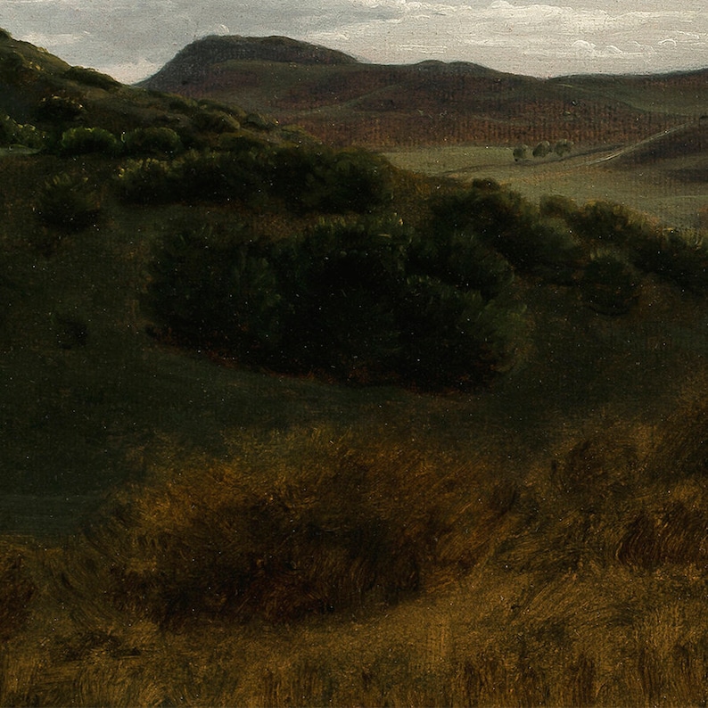 K&ouml;nnte beinhalten: Ein Gem&auml;lde einer Landschaft mit sanften H&uuml;geln und einem bew&ouml;lkten Himmel. Die H&uuml;gel sind mit gr&uuml;nem Gras und B&auml;umen bedeckt. Der Himmel ist hellblau mit wei&szlig;en Wolken.