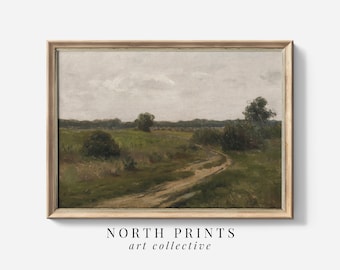 May include: A painting of a rural landscape with a dirt road winding through a field. The sky is overcast and there are trees in the distance.