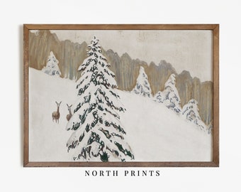 May include: A snowy winter scene with a large evergreen tree covered in snow and two deer standing in the snow. The background is a forest of trees with a light brown and gray color scheme.