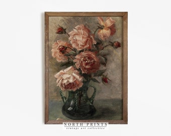 May include: A vintage painting of a bouquet of pink roses in a green vase. The roses are arranged in a loose, natural style, and the vase is decorated with a floral pattern. The painting is set against a muted gray background.