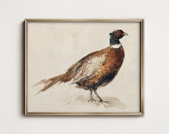 Vintage Pheasant Wall Art, Rustic Wildlife Bird Painting, Autumn Country Lodge Hunting Decor, PRINTABLE Digital Download A-97