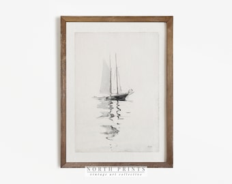 Muted Sailboat Print | Vintage Nautical Painting | Neutral Seascape Print | Minimalist Digital PRINTABLE #154