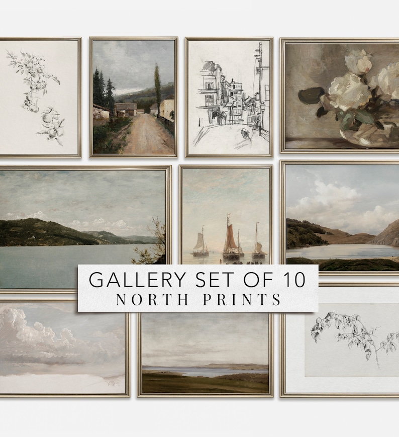 May include: A gallery set of ten framed art prints. The prints feature landscape and floral paintings in muted tones, with gold frames. The text "GALLERY SET OF 10 NORTH PRINTS" is displayed in the center.
