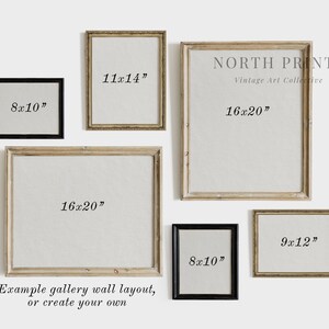 May include: Example gallery wall layout with five picture frames in various sizes and colors. The frames are arranged in a staggered pattern. The frames are labeled with their dimensions in inches: 8x10, 11x14, 16x20, 9x12, and 8x10. The text "NORTH PRINTS Vintage Art Collective" is visible in the top right corner of the image.