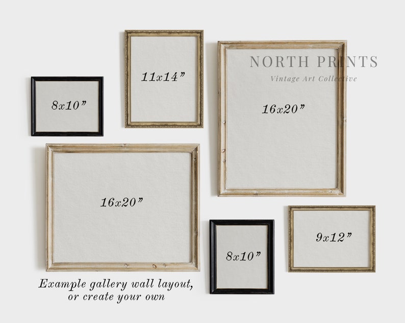 May include: Example gallery wall layout with five picture frames in various sizes and colors. The frames are arranged in a staggered pattern. The frames are labeled with their dimensions in inches: 8x10, 11x14, 16x20, 9x12, and 8x10. The text "NORTH PRINTS Vintage Art Collective" is visible in the top right corner of the image.