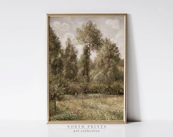 May include: A framed painting of a forest scene with a tall tree in the center. The painting is done in a muted palette of greens, browns, and blues. The frame is a simple gold frame.