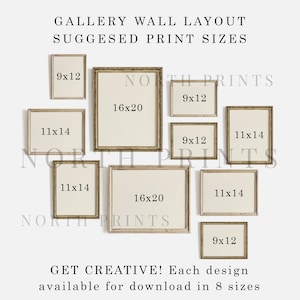 Op de afbeelding: Een suggestie voor een galeriewand-indeling met verschillende frame-formaten. De frames zijn allemaal goudkleurig en hebben een decoratieve rand. De frames zijn in een verspringende opstelling geplaatst. De formaten van de frames zijn 23x30, 28x35 en 41x51 cm. De tekst "NORTH PRINTS" staat in de afbeelding.