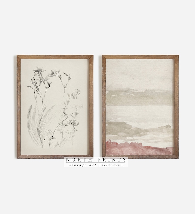 May include: Two framed prints, one with a black and white botanical illustration of flowers and leaves, and the other with a watercolor-style landscape in shades of brown and pink. The frames are a light brown wood.